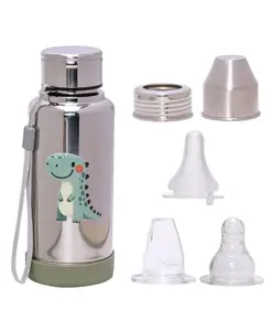 Adore Super Flow 3 Stage Multipurpose Double Wall Printed Insulated Thermos Baby Feeding Bottle Set with Silicon Base -300ml- Green Dino