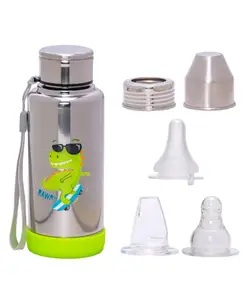 Adore Super Flow 3 Stage Multipurpose Double Wall Printed Insulated Thermos Baby Feeding Bottle Set with Silicon Base -300ml- Rawrr Jet Green Dino