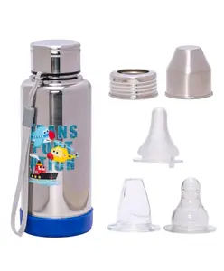 Adore Super Flow 3 Stage Multipurpose Double Wall Printed Insulated Thermos Baby Feeding Bottle Set with Silicon Base -300ml- Blue Transport