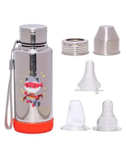 Adore Super Flow 3 Stage Multipurpose Double Wall Printed Insulated Thermos Baby Feeding Bottle Set with Silicon Base -300ml- Red Kung Fu