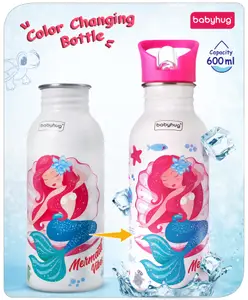 Babyhug Mermaid Theme Stainless Steel Color Changing Magic Bottle Pink|Leak Resistant|BPA Free|Rust Proof|600 ml
