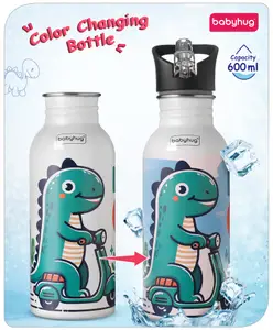 Babyhug Dino Theme Stainless Steel Color Changing Magic Bottle White|Leak Resistant|BPA Free|Rust Proof|600 ml