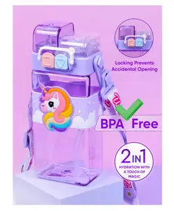 Elecart Unicorn Double Drinking Sipper Water Bottle with Adjustable Strap, Portable, Lightweight, Secure Locking Lid - 520 ml