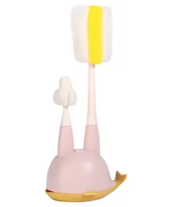 Fab N Funky 2 in 1 Bottle & Nipple Cleaning Brush with Whale Shape Stand - Pink| Scratch Resistant| Sponge Bristles| Drip Tray| Ergonomic Handle