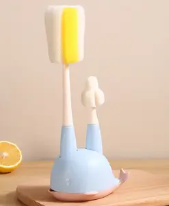 Fab N Funky 2 in 1 Bottle & Nipple Cleaning Brush with Whale Shape Stand - Blue| Scratch Resistant| Sponge Bristles| Drip Tray| Ergonomic Handle