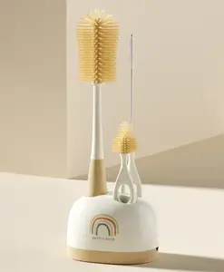 Fab N Funky 3 in 1 Bottle & Nipple Cleaning Brush with Stand - Yellow| Scratch Resistant| Silicone Bristles| Straw Cleaning Brush| Ergonomic Handle| Drip Tray