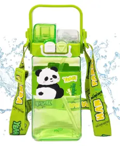Bunie Panda Theme Water Bottle with Dual Cap, Straw, Strap & Carry Handle - Green