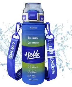 Bunie 1 Litre Sports Water Bottle with Handle, Adjustable Strap & Time Marker Blue