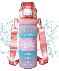 Bunie 1 Litre Sports Water Bottle with Handle, Adjustable Strap & Time Marker Pink