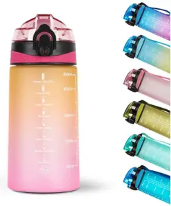 SOLARA Sipper Water Bottle with Motivational Time Marker, Sipper Bottle for Adults, Water bottle for Home, Office, Yellow Pink, 500 ml