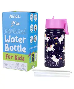SOLARA Water Bottle for Kids 450ml, Kids Water Bottle, Sipper Bottle for Kids, Thermosteel Kids Bottle, Stainless Steel Water Bottle for Kids, Straw Bottle for Kids, Unicorn