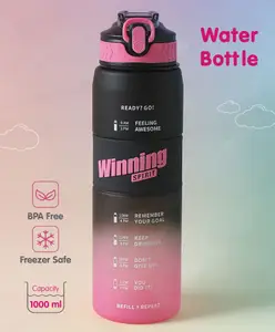 Fab N Funky Sports Bottle with Winning Print Black & Purple - 1000 ml