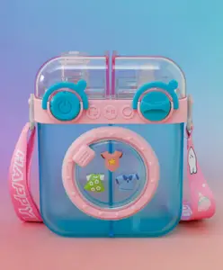 Fab N Funky Kids Water Bottle with Strap 500ml - Blue| Cute Washing Machine Design| Leak-Resistant| Lightweight Bottle for School & Travel| Straw Sipper for Boys & Girls