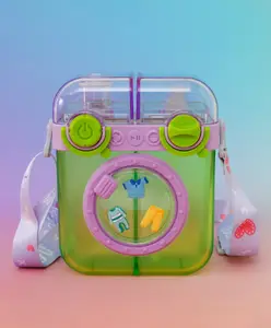 ZOE Kids Water Bottle with Strap 500ml - Green| Cute Washing Machine Design| Leak-Resistant| Lightweight Bottle for School & Travel| Straw Sipper for Boys & Girls