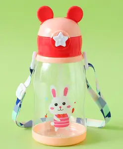 Fab N Funky Bunny Print Kids Straw Sipper Bottle 500 ml - Pink| BPA-Free| Leak resistant| School Water Bottle for Boys & Girls| Stylish Flip Lid| Straw & Shoulder Strap