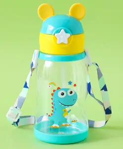 ZOE Dino Print Kids Straw Sipper Bottle 500 ml - Light Blue| BPA-Free| Leak resistant| School Water Bottle for Boys & Girls| Stylish Flip Lid| Straw & Shoulder Strap