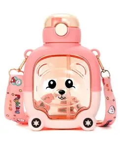 Paper Moon Kids Bear Shape Leak-proof Push Lock Water Bottle with in-built Straw and Strap 1000ml Capacity for School - Color May Vary