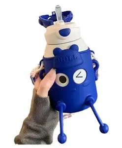 SCHOOLISH Children's Thermal Insulated Bottle Cute Cartoon Stainless Steel Water Bottle With Straw And Strap Portable Water Bottle- PACK OF 1- COLOR MAY VARY