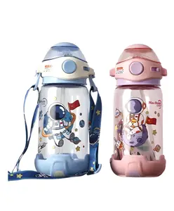 Schoolish Cute Kids Cartoon Summer Plastic Water Bottles with Straw Strap Children Student Sports Plastic Water Bottle- Pack of 1- Color May Vary - 600 ml