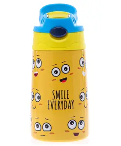 Fab N Funky Double Wall Insulated Stainless Steel Smiley Theme Print Sipper Bottle With Handle Yellow - 350 ml