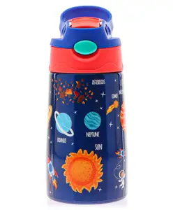 Fab N Funky Double Wall Insulated Stainless Steel Solar System Theme Print Sipper Bottle With Handle Navy Blue - 350 ml