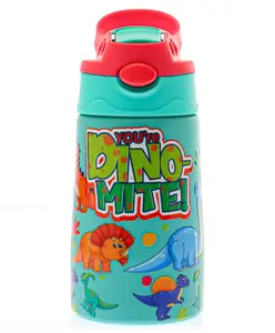 Fab N Funky Double Wall Insulated Stainless Steel Dino Print Sipper Bottle With Handle Turquoise - 350 ml
