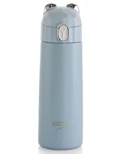 Sizzle Splash Vacuum Insulated Flask Double Wall Hot & Cold Water Bottle With Press Button Mechanism for One Hand Use | 350 ml | Fits easily in Hand Bags & Lunch Bags | Blue