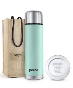 Pexpo Thermosteel Flip Lid Flask Flamingo, 1000 ml, Sea Green | Stainless Steel Bottle with Jute Bag | Leak Proof | Travelling | School & Trekking | Office | Men, Women & Kids