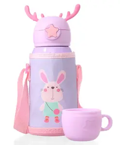 ZOE Stainless Steel Insulated Double wall Bear Printed Sipper Water Bottle with Cup Sea Green - 500 ml