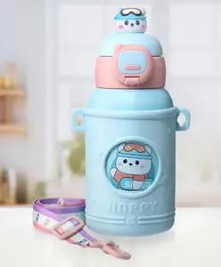 ZOE Stainless Steel Insulated Double wall Dino Printed Sipper Water Bottle with Strap Light Blue - 500 ml
