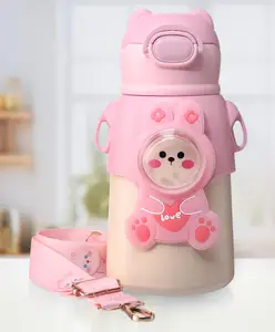 ZOE Stainless Steel Insulated Double wall Water Bottle With Bunny Applique & Strap Pink - 520 ml