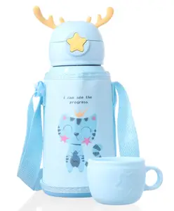 ZOE Stainless Steel Insulated Double wall Owl Printed Sipper Water Bottle with Cup Light Blue - 500 ml