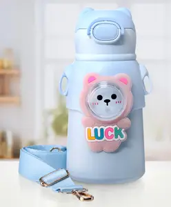 ZOE Stainless Steel Water Bottle With Bear Applique & Strap Blue - 520 ml