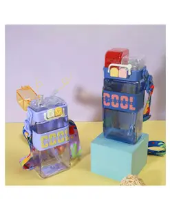 Sanjary double drinking water bottle 520ml portable outdoor sports square plastic water bottle with straw/strap color design may vary