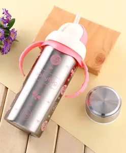 Babyhug 3-in-1 Insulated Stainless Steel Twin Handle Bottle Pink - 180 ml| Dishwasher and Sterilizer Safe| Slow Flow Nipple| Straw Sipper with Flip Cap| Water Bottle| Leak Proof| Standard Neck Bottle
