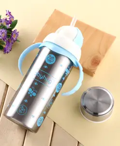 Babyhug 3-in-1 Insulated Stainless Steel Twin Handle Bottle Blue - 180 ml| Dishwasher and Sterilizer Safe| Slow Flow Nipple| Straw Sipper with Flip Cap| Water Bottle| Leak Proof| Standard Neck Bottle