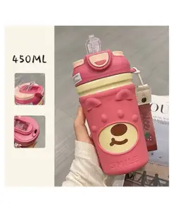 Sanjary Bear Edition Water Bottle with Straw Silicon Coated leakproof BPA Free for Kids 450 ml color design may vary