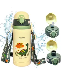 Sanjary Cute Dinosaur Theme Hot & Cold Water Bottle for Kids Double Walled Thermos Flask Vacuum Insulated Stainless Steel Bottle 450ml color design may vary
