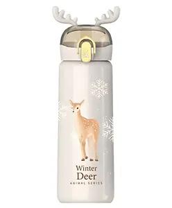 SCHOOLISH Deer Shape Edition Insulated Kids Water Bottle Deer Horns Thermose Flask Bottle with Straw Hot and Cold Stainless Steel 440 ml Bottle- Pack of 1- Color May Vary