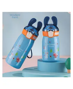 SCHOOLISH Cartoon Design Hot and Cold Water Bottle for Kids - Double Walled Vacuum Insulated Stainless Steel Bottle, Insulated Stainless Steel Bottle, Thermos Flask with Straw (530 ml)- Pack of 1- Color May Vary