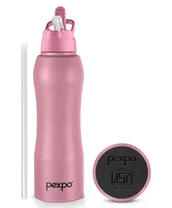 Pexpo Belly Stainless Steel Water Bottle with Straw Lid Sipper Cap, Rosy Brown|Fast Cooling |Single Wall| Easy Grip - 1000 ml