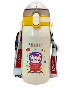 FunBlast BPA Free Double Walled Vacuum Insulated Stainless Steel Cartoon Print Water Bottle with Straw Cream- 530 ML