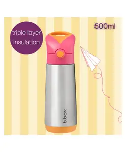 b.box Insulated Straw Sipper Drink Water Bottle 500ml - Strawberry Shake PInk Orange