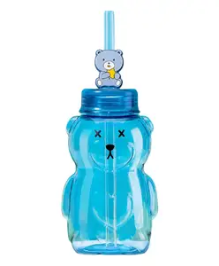FunBlast Teddy Shaped Water Bottle with Straw Blue - 430 ml