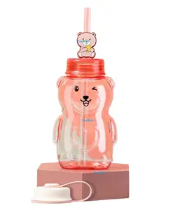 FunBlast Teddy Shaped Water Bottle with Straw Pink - 430 ml