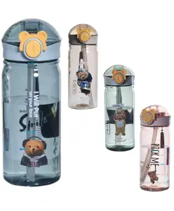 FunBlast Cartoon Design Water Bottle with Straw - 1 Pc Random Color and Design