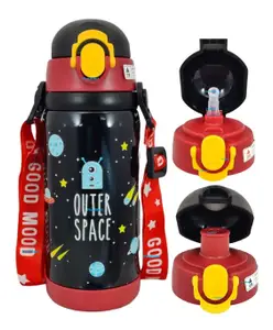 FunBlast Double Walled Stainless Steel Dual Cap Water Bottle Black 450 ml