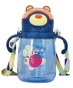FunBlast Water Bottle with Straw & Adjustable Strap Blue - 450 ml