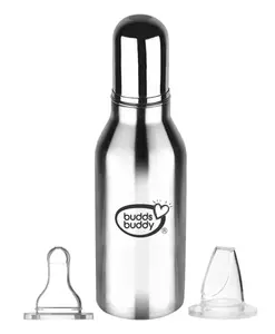 Buddsbuddy Bravo Stainless Steel 2 in 1 Regular Neck Baby Feeding Bottle with Extra Spout Sipper Anti -colic Regular Flow - 330 ml