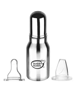 Buddsbuddy Bravo Stainless Steel 2 in 1 Regular Neck Baby Feeding Bottle with Extra Spout Sipper - 180 ml